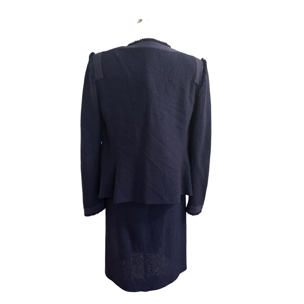 St. John Dress Suit Set SZ 6 WOOL Navy Micro Boucle Knit Fringe Jacket Sheath - Picture 7 of 16